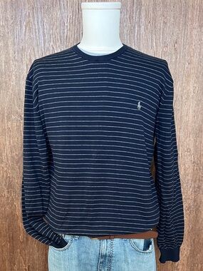 Polo Ralph Lauren Navy and Light Grey Striped Crewneck Sweater